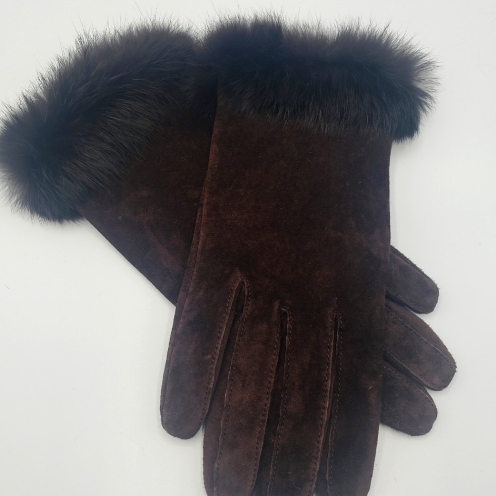Red fish Designs Brown Leather Gloves Faux Fur Black Trim  S/M